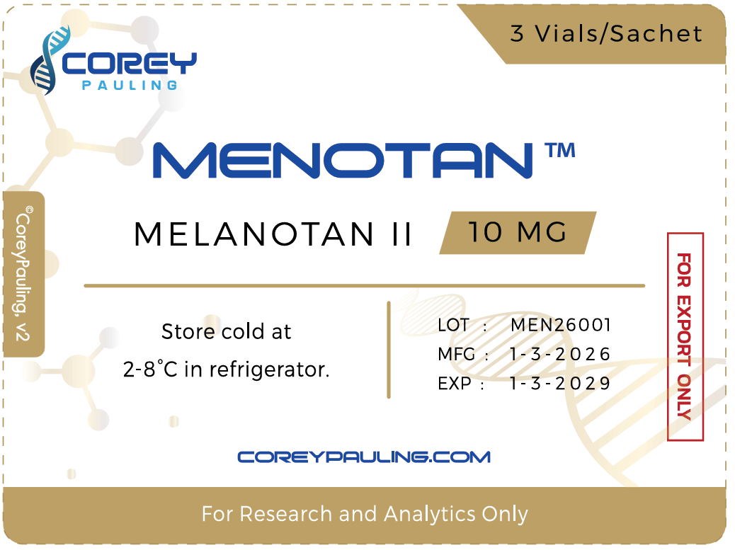 Menotan Melanotan II 10 mg sachet label, 3 vials per sachet